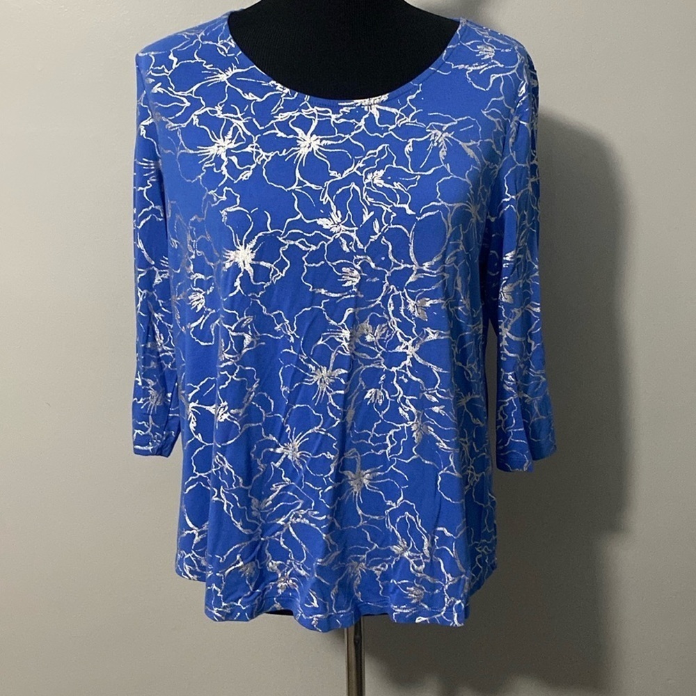 JM Collection Blue & Silver Floral Top 3/4 Sleeves Sz PL